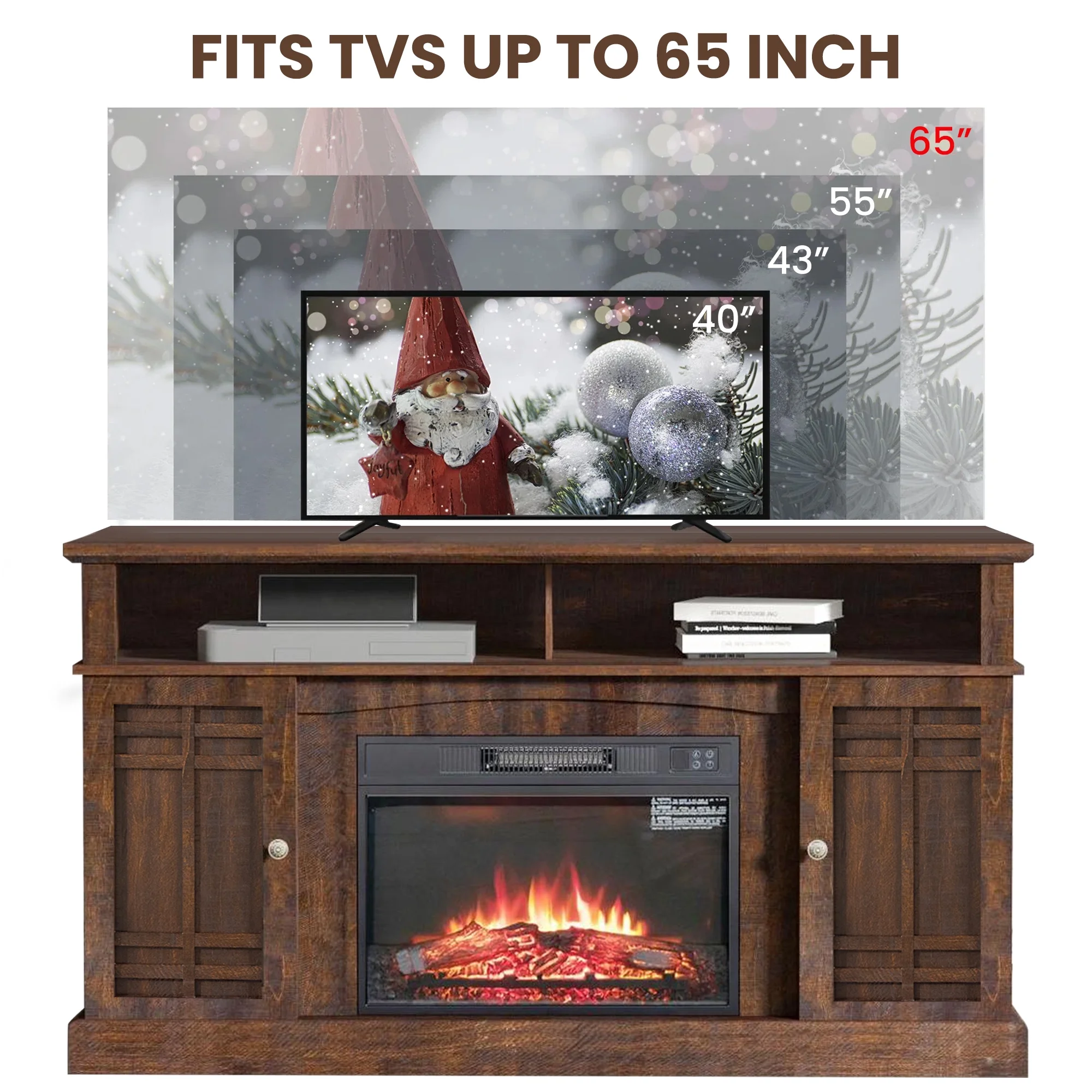 Aukfa Electric Fireplace TV Stand for TVs up to 60", Wood TV Console Cabinet, Brown