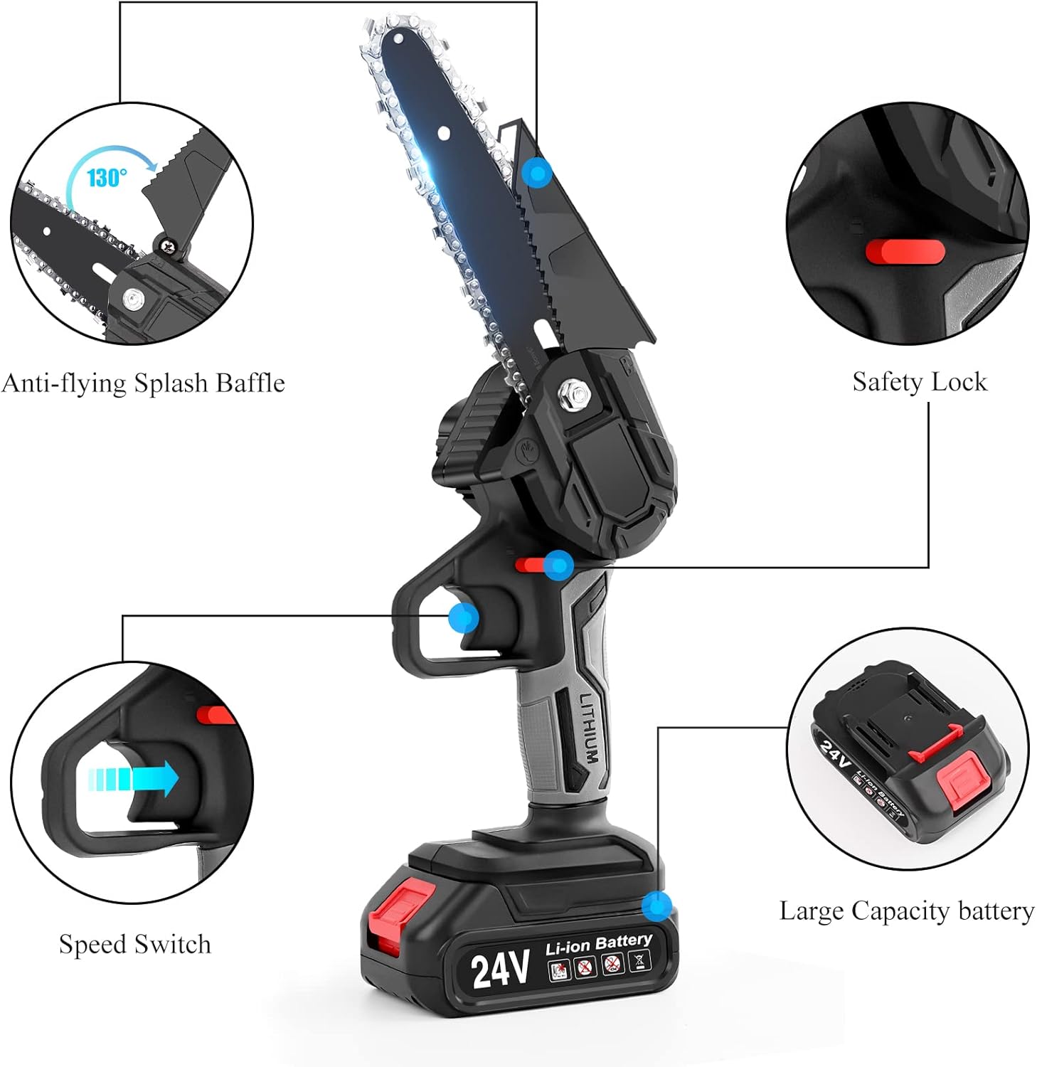 6-Inch Mini Chainsaw with Safety Lock LED light 24V Lithium Battery Cordless Electric Chainsaw Lightweight 2 Batteries and Chains Pruning Shears Chain Saw Pack of 2