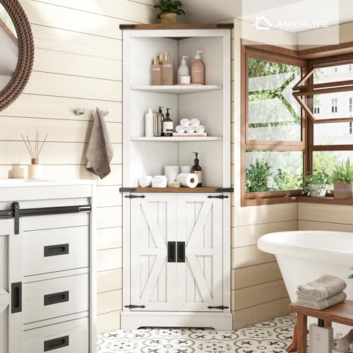AMERLIFE 68" Tall Corner Cabinet, Farmhouse Corner Cabinet with Barn Door Design,Wall Corner Cabinet with Adjustable Shelves for Bathroom, Living Room,Antique White & Barnwood