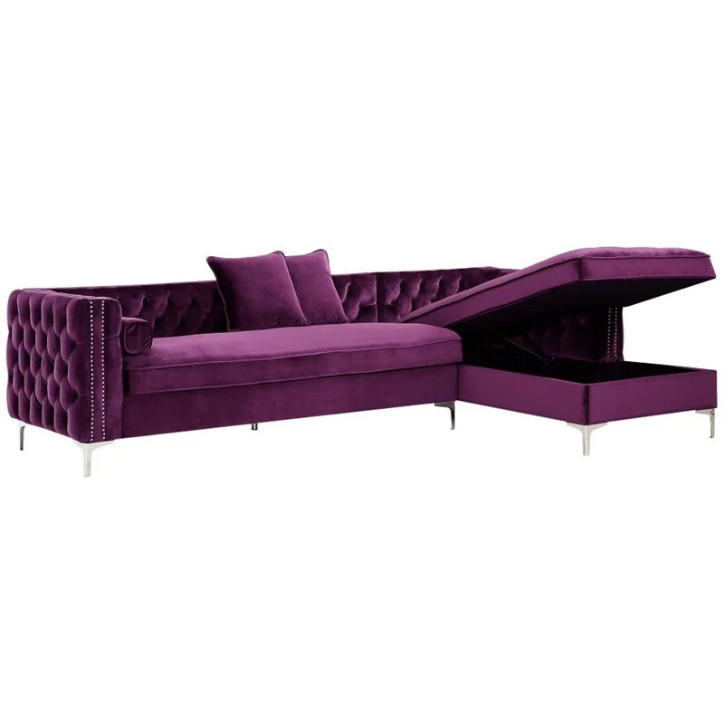 Posh Living Levi 115" Velvet Secitional Sofa with Right Facing Chaise in Purple