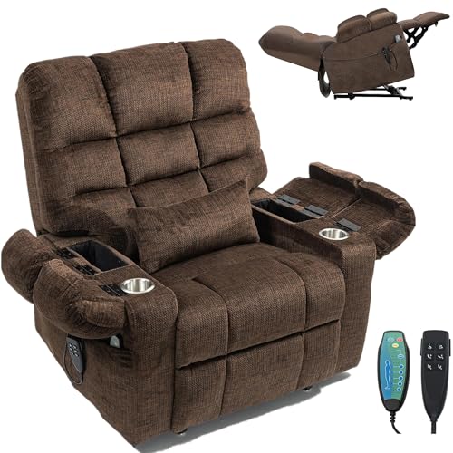Light Grey Recliner Chair for Elderly | Tall and Big Man 400lbs | Chenille | Power Lift, Lay Flat, Stand Up, Wireless Charging Device, Extended Footrest, Massage Heat, Cup Holder, Lumbar Pillow