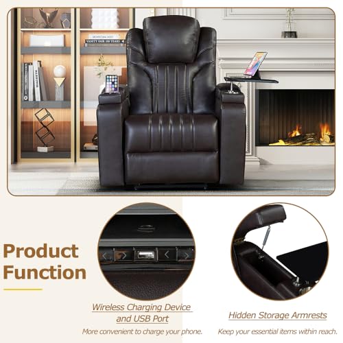 PU Leather Power Recliner Home Theater Recliner with Power Adjustable Headrest, Wireless Charging Device, USB Port, Storage Arms, Cup Holder and Swivel Tray Table for Living Room (Brown)