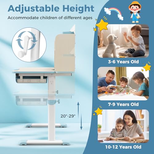 HONEY JOY Kids Desk, Children School Study Desk w/ 7-Level Tiltable Desktop, Height Adjustable Table w/Bookshelf, Pull-Out Drawer & Pen Holder, Student Writing Workstation, Desk for Girls Boys (Pink)