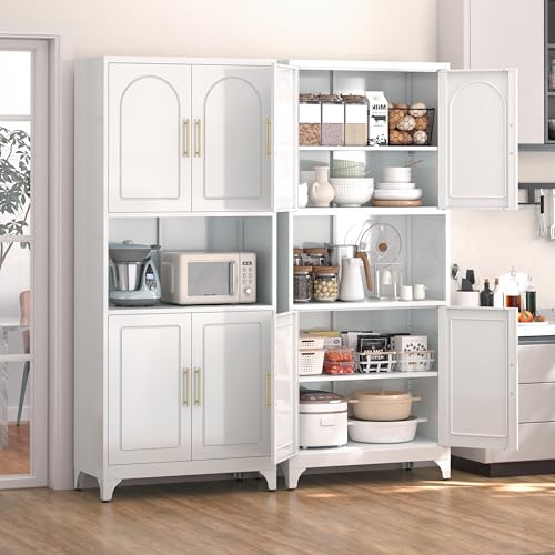 Kitchen Pantry Cabinet with Acrylic Glass Doors, 75" Metal Kitchen Hutch with Countertop, Adjustable Shelves, Freestanding Food Pantry Cabinet for Living, Dining Room, Black, Assembly Required