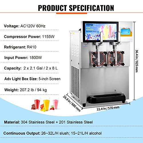 VEVOR Commercial Slushy Machine, Margarita Smoothie Frozen Drink Maker, Slushie Machine for Party Cafes Restaurants Bars Home Use