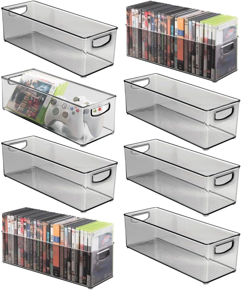 mDesign Plastic Video Game Organizer - Game Storage Holder Bin with Handles for Media Console Stand, Closet Shelf, Cabinets, Tower, and Bookshelves - Holds Disc, Video Games, Head Sets, 8 Pack - Clear