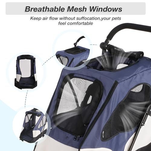4 Wheels Folding Pet Strolling Cart with Storage Bag, Pet Stroller for Medium Large Dog with Adjustable Handle, Travel Jogger Pet Stroller with Mesh Skylight