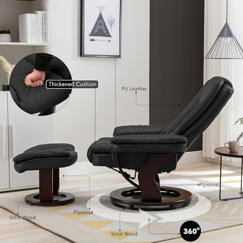 JC Home Argus Swivel Recliner with Ottoman, PU Leather & Wood Base Reclining Chair with Footrest, Ultra-Plush Double Foam for Living Room, Bedroom and Office
