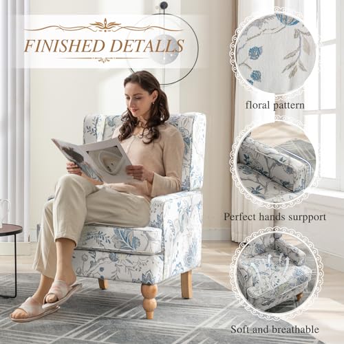 Simore Wingback Living Room Chair,Floral Upholstered Accent Chairs Set of 2,Modern Button Printed Fabric Armchair with Sturdy Wood Legs and High Back for Reading in Bedroom/Home Office/Study, Blue