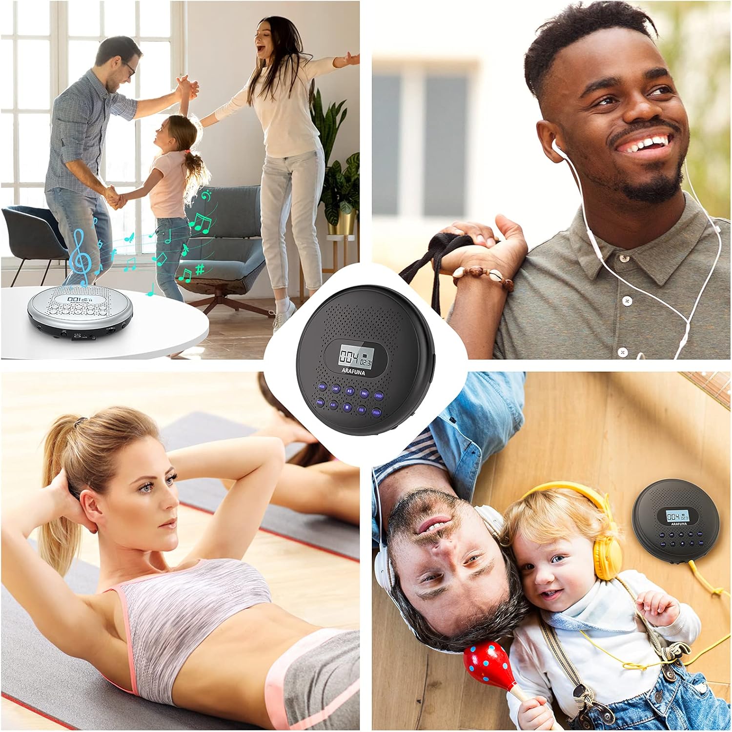 CD Player Portable, ARAFUNA Portable CD Player with Dual Stereo Speakers, Rechargeable CD Player for Car with Anti-Skip Protection, Walkman CD Player with Headphones and AUX Cable