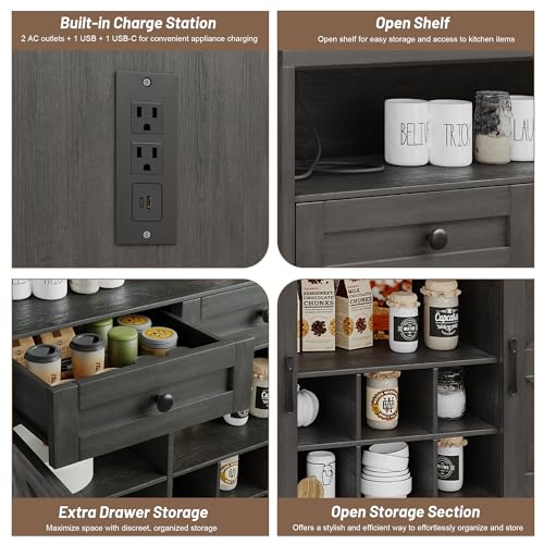 55" Sideboard Buffet Cabinet with Storage, Large Kitchen Storage Sideboard with Drawers & Doors, Modern Wood Farmhouse Coffee Bar Cabinet, Buffet Table for Kitchen, Dining Room, Living Room, White