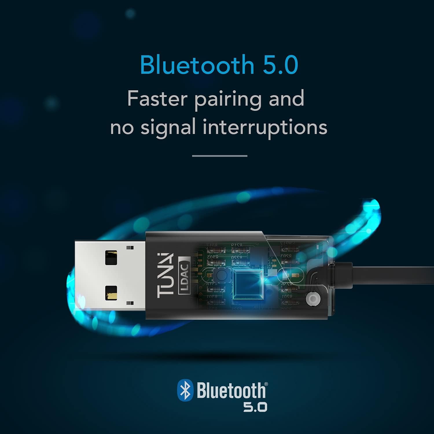 TUNAI Firefly Chat LDAC Bluetooth Adapter - Hifi Wireless Bluetooth 5.0 Receiver with USB DAC 3.5mm AUX for Car/ Home Stereo Music Streaming & Hands-Free Calls - Auto On, No charging needed (Black) Pack of 2