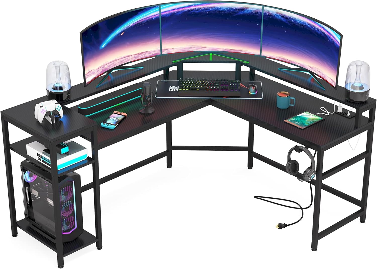 L Shaped Gaming Desk: Computer Desk with Power Outlet & LED Stripe, Modern Coner L Desk with Storage Shelves for Home Office - Black