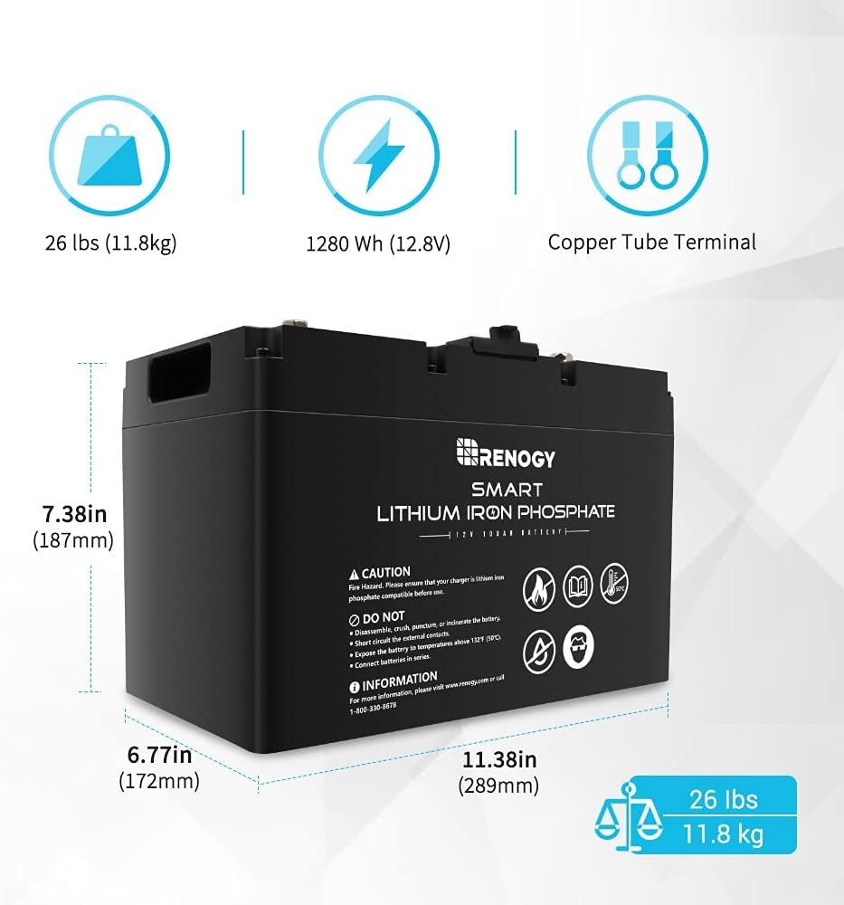 Renogy 12V 100Ah LiFePO4 Deep Cycle Lithium Battery, over 4000 Cycles, Built-in BMS, Backup Power for RV, Marine, Off-Grid System, Maintenance-Free