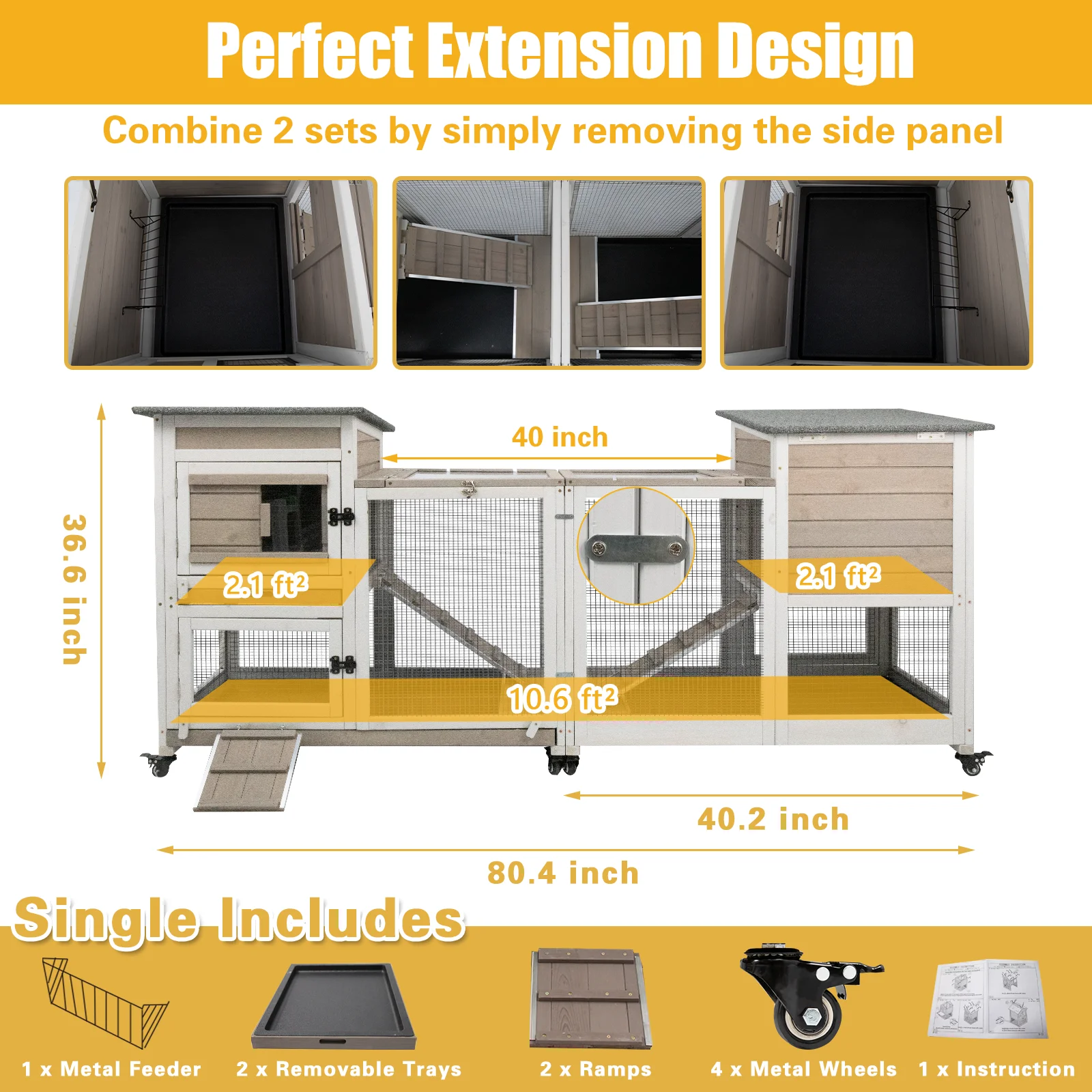 PETSCOSSET 40"L Rabbit Hutch Indoor Wooden Large Bunny Hutch Outdoor 2 Story Rabbit Cage on 4 Metal Wheels with Run and 2 Pull Out Trays UV Panel Guinea Pig Pet House for Small to Medium Animals