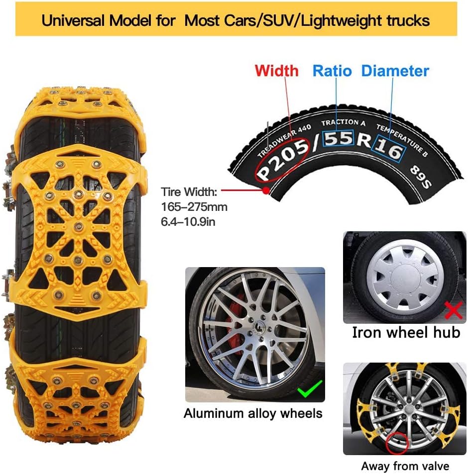 Soyond Snow Chains Car Anti Slip Snow Tire Chains Adjustable Anti-Skid Chains Car Tire Snow Chains for Car/SUV/Trucks Tire Width 6.4-10.9" 165-275mm Pack of 2