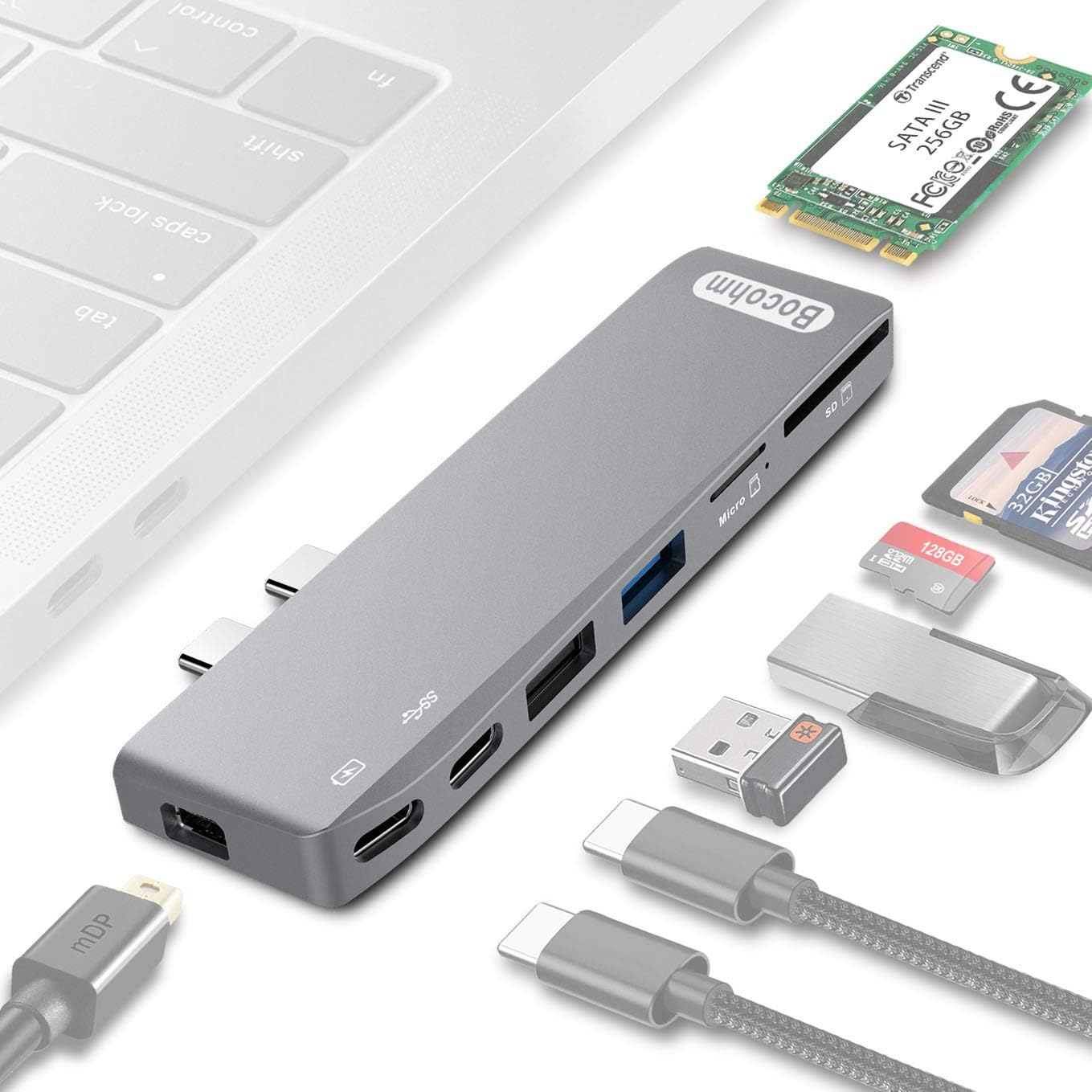 USB C Hub for MacBook Pro 2016/2017/2018, Bocohm Type C Thunderbolt 3 Adapter with 100W Power Delivery, 5K HD Mini DisplayPort, USB3.0, SD/MicroSD Card Reader, NGFF M.2 SATA III SSD 8 in 1