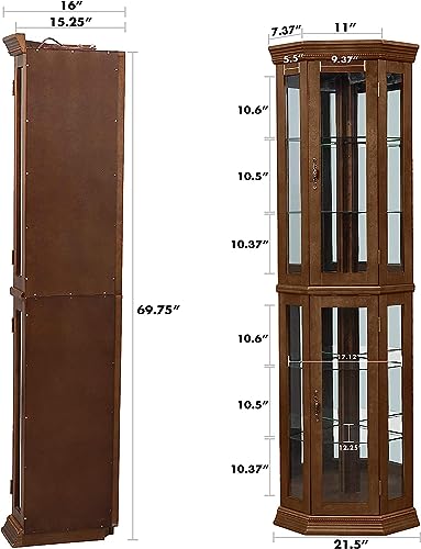 Lighted Curio Cabinet, Wooden Corner Display Cabinet Adjustable Tempered Glass Shelves, Floor Stand Collection Art Display Rack for Bar or Living Room - Walnut (Light bulb not included)
