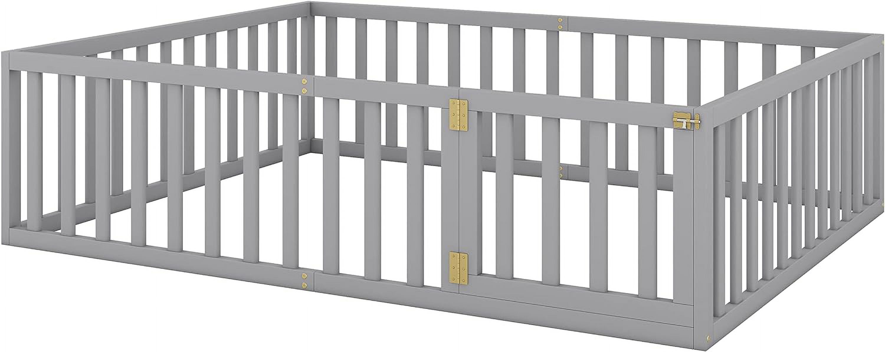 Queen Floor Bed With Fence For Kids, Montessori Floor Bed, Wood Platform Bed Frame Cabin Bed For Girls Boys, Gray
