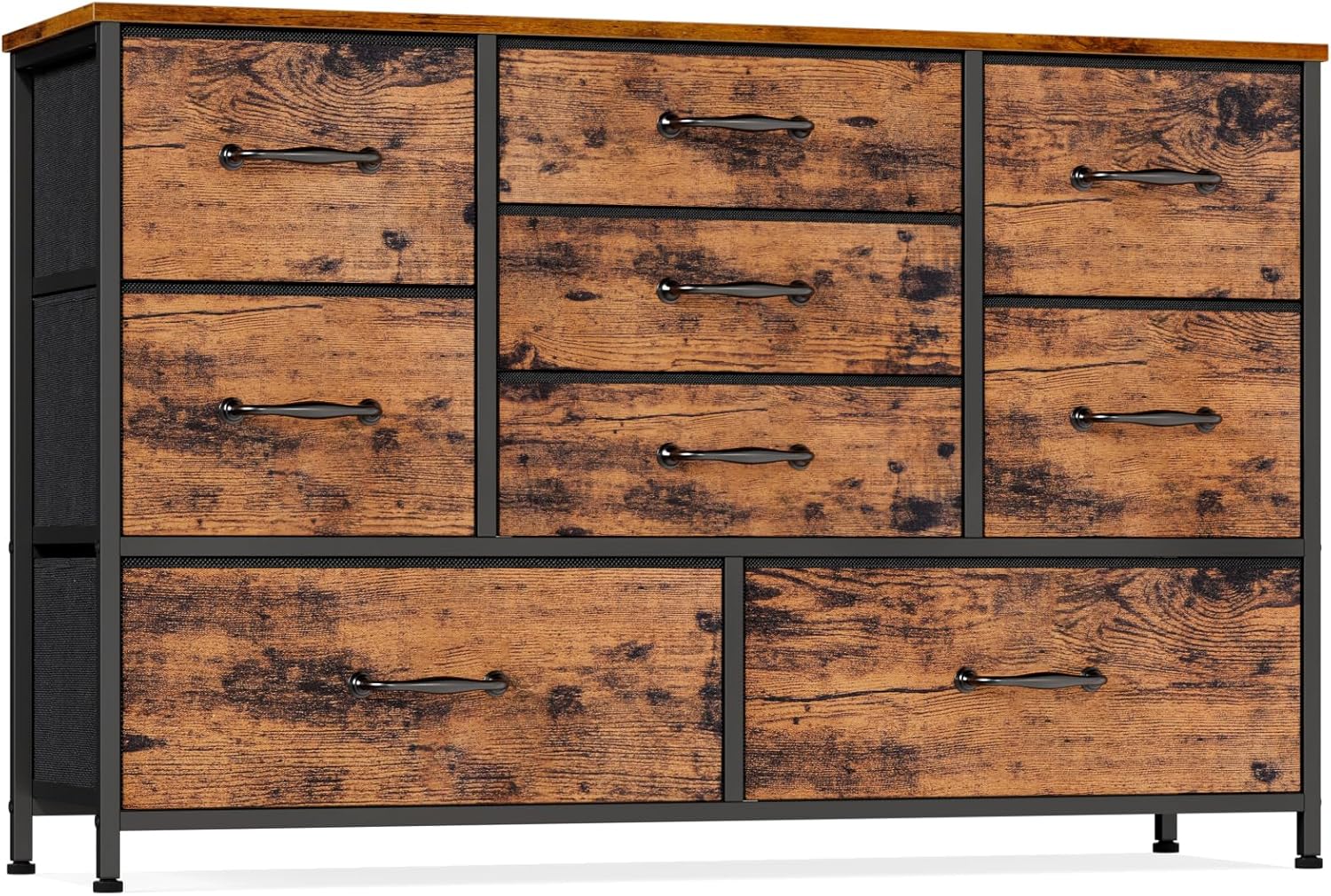 Furnulem Vertical End Table and Nightstand for Bedroom, Wide Dresser with 9 Large Drawers for 55'' Long TV Stand Entertainment Center for Bedroom,Living Room,Closet,Entryway,Sturdy Metal Frame