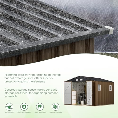 10X12X7.5 FT Outdoor Steel Storage Shed with Lockable Doors, 2 Windows, Transparent Roof Panels (Wood Panels & Frame Floor Not Included), Ideal for Patio Storage,Garbage Can, Chicken Coop，Brown