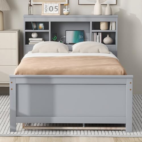 Full Size Bookcase Bed with Charging Station, Wood Captain Bed with Trundle and Storage Drawers, Full Platform Beds with Storage Headboard for Kids Boys Girls, Noise Free, No Box Spring Needed, Gray