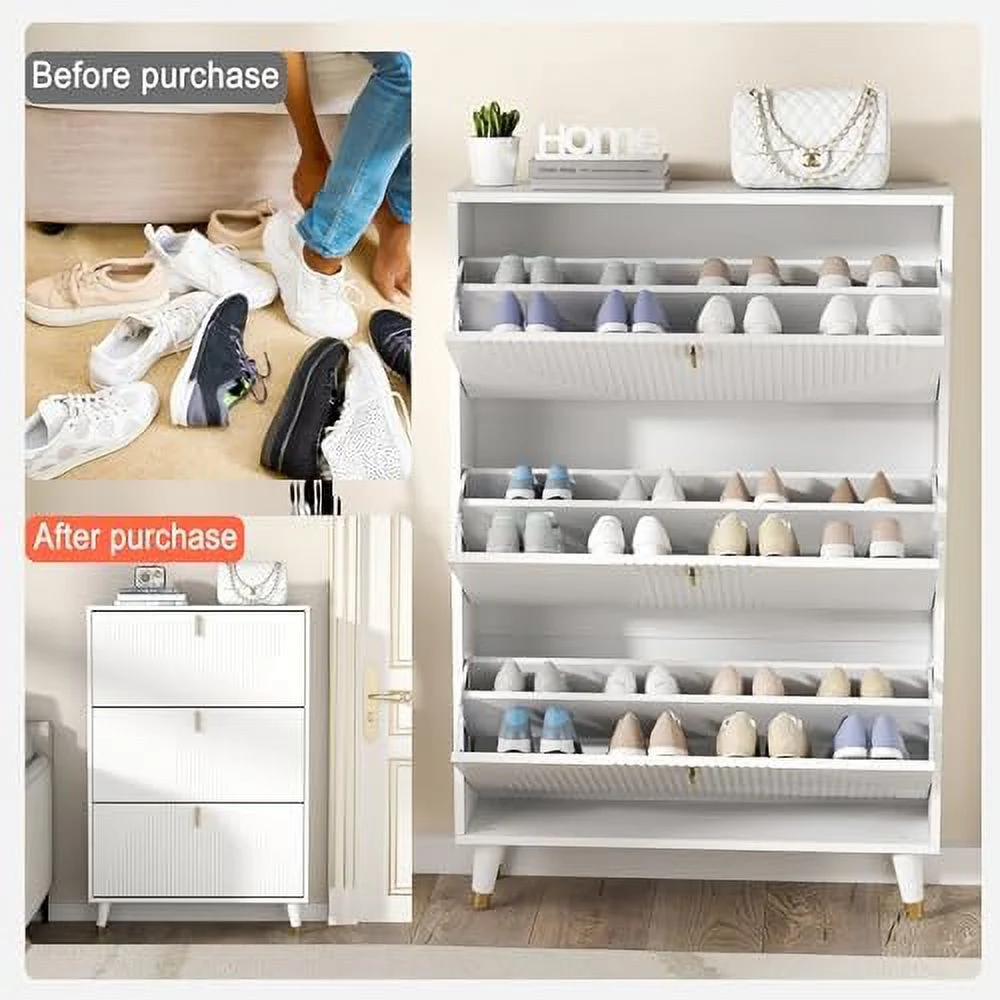 Shoe Cabinet for Entryway Slim  Narrow Shoe  Cabinet Hidden  White Shoe Organizer for Entryway  Thin Shoe Rack Cabinet with Door  Flip Drawer Shoe Cabinet Hallway