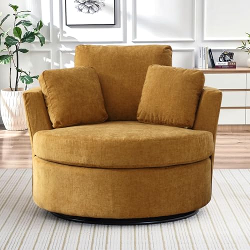 Chair and A Half with Ottoman, 360° Swivel Accent Barrel Chair Modern Comfy Round Reading Sofa Swivel Chairs Circle Lounge Chair for Bedroom Living Room w/4 Pillow Lower Seating Heigh (White, Large)