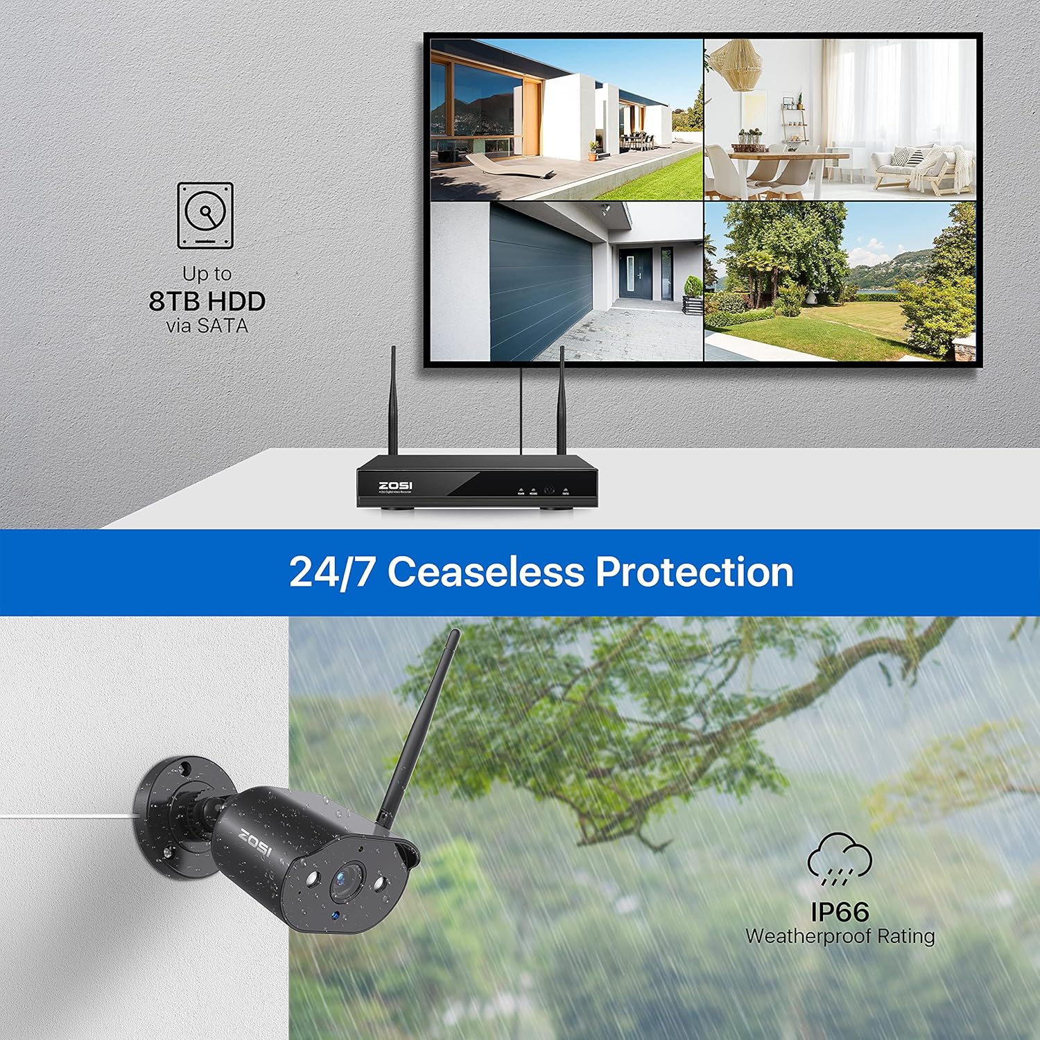 ZOSI Wireless Security Camera System, 2K H.265+ 8 Channel CCTV NVR with Hard Drive 1TB and 4pcs 1080P WiFi IP Camera Outdoor Indoor with Spot Light & Sound Alarm, 2-Way Audio,Human Motion Alerts