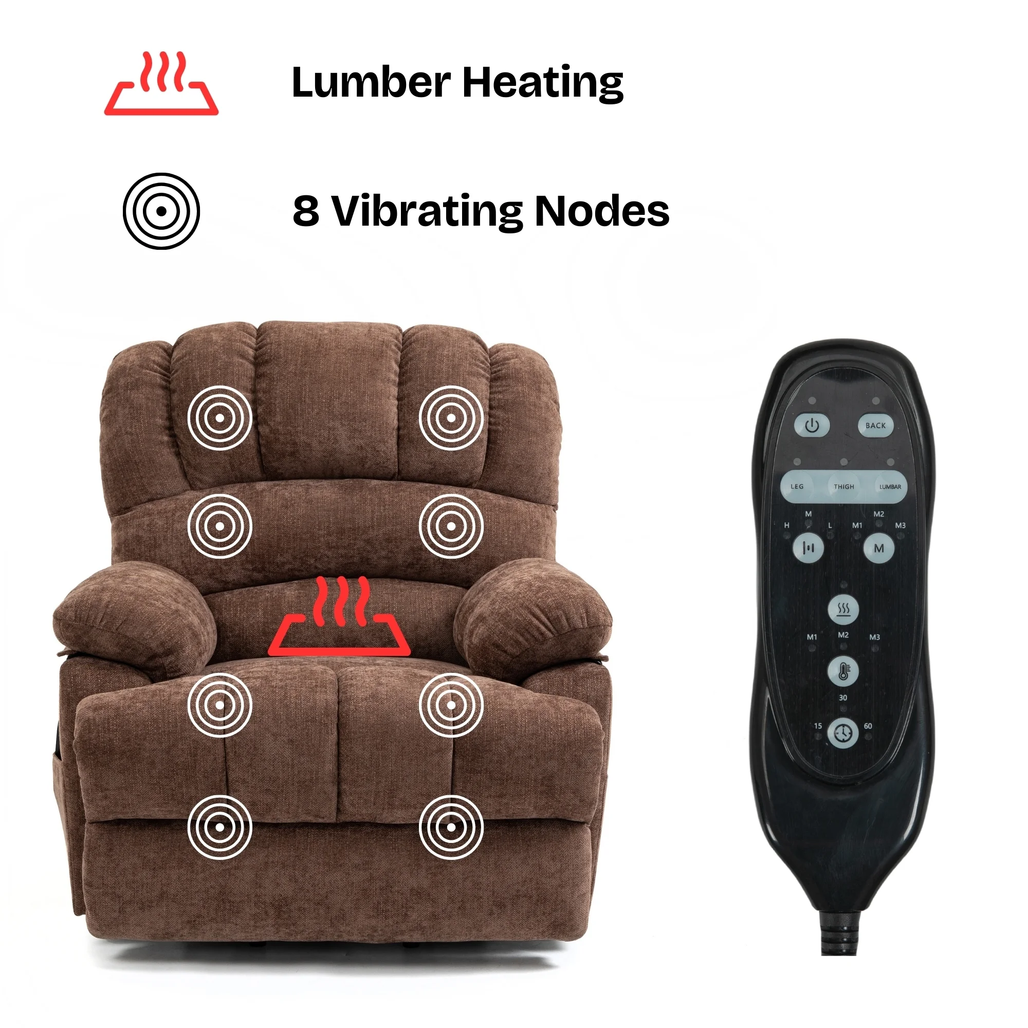 Hifurni Large Size Power Lift Recliner Chair, 8-Point Vibration Massage Lumbar Heating and USB Port, Brown Chenille