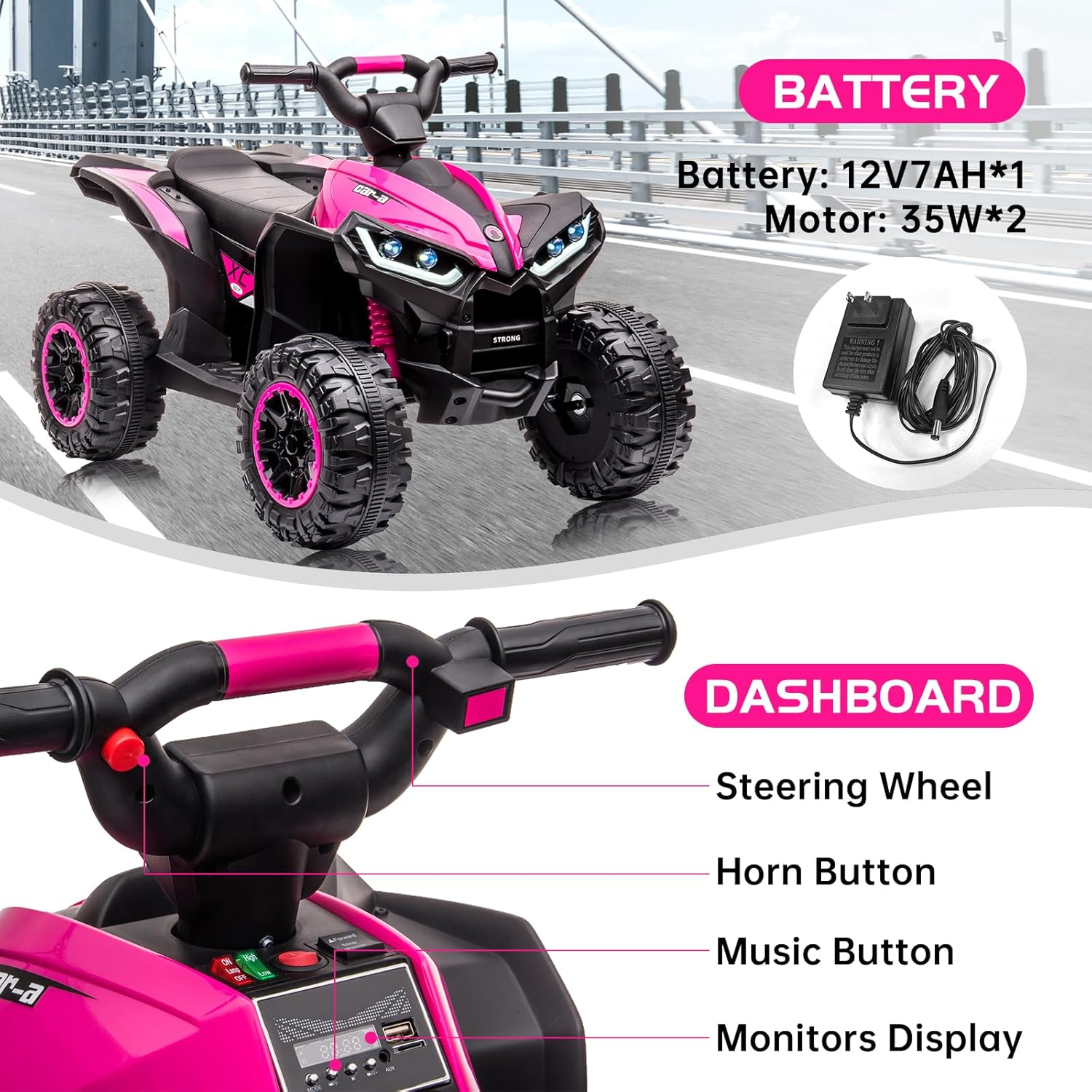 Four Wheeler for Kids, Electirc Toddler 4 Wheeler for Kids 3-8, Ride on ATV 12v Battery Bowered, Kids Quad with LED Lights, Music, High Low Speed, USB, Treaded Tires, Pink