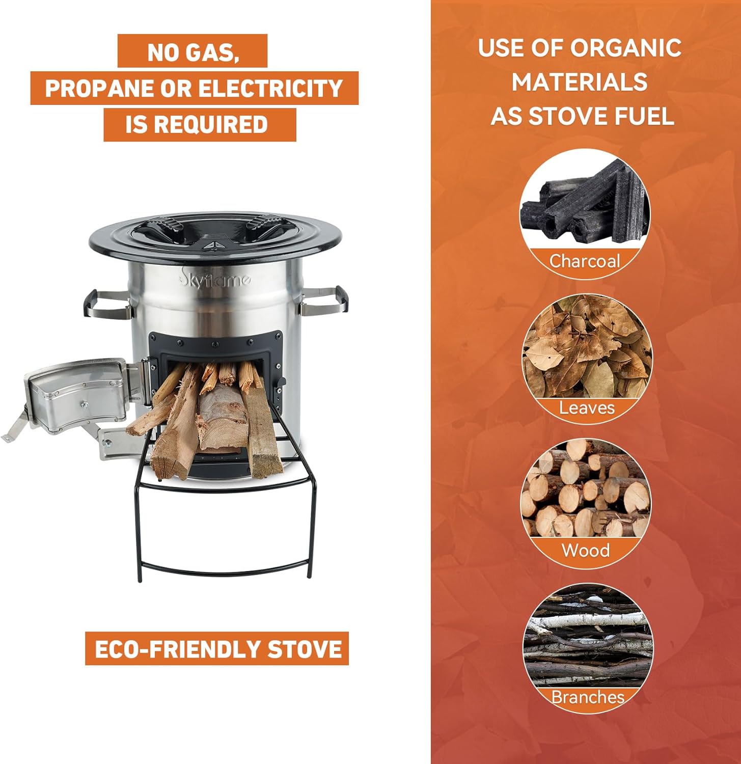 Skyflame Camping Rocket Stove, Stainless Steel Wood Burning Stove Portable Camping Gear for Outdoor Backpacking Emergency RV Survival