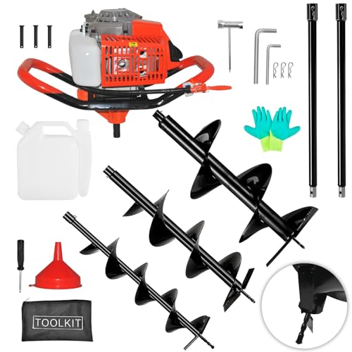 85cc 4HP Post Hole Digger Gas Powered, Gas Earth Auger/Ice Auger, with 3 Drill Bits 4"/8"/12" + 2 Extension Bar, One Man Earth Auger for Planting Fence, EPA Compliant Post Hole Auger