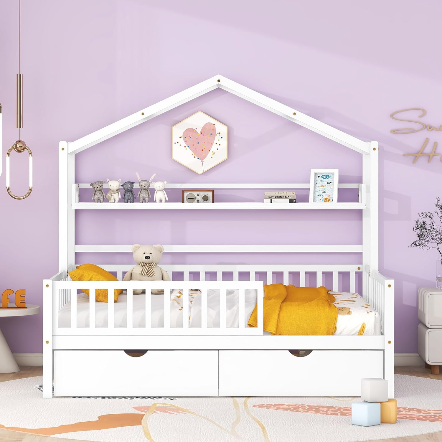 Wooden Full Size House Bed Frame with 2 Drawers and Storage Shelf, Platform Full Beds with Roof and Safety Gurduarls, for Kids, Boys, Girls, No Spring Box Needed, Easy Assemble