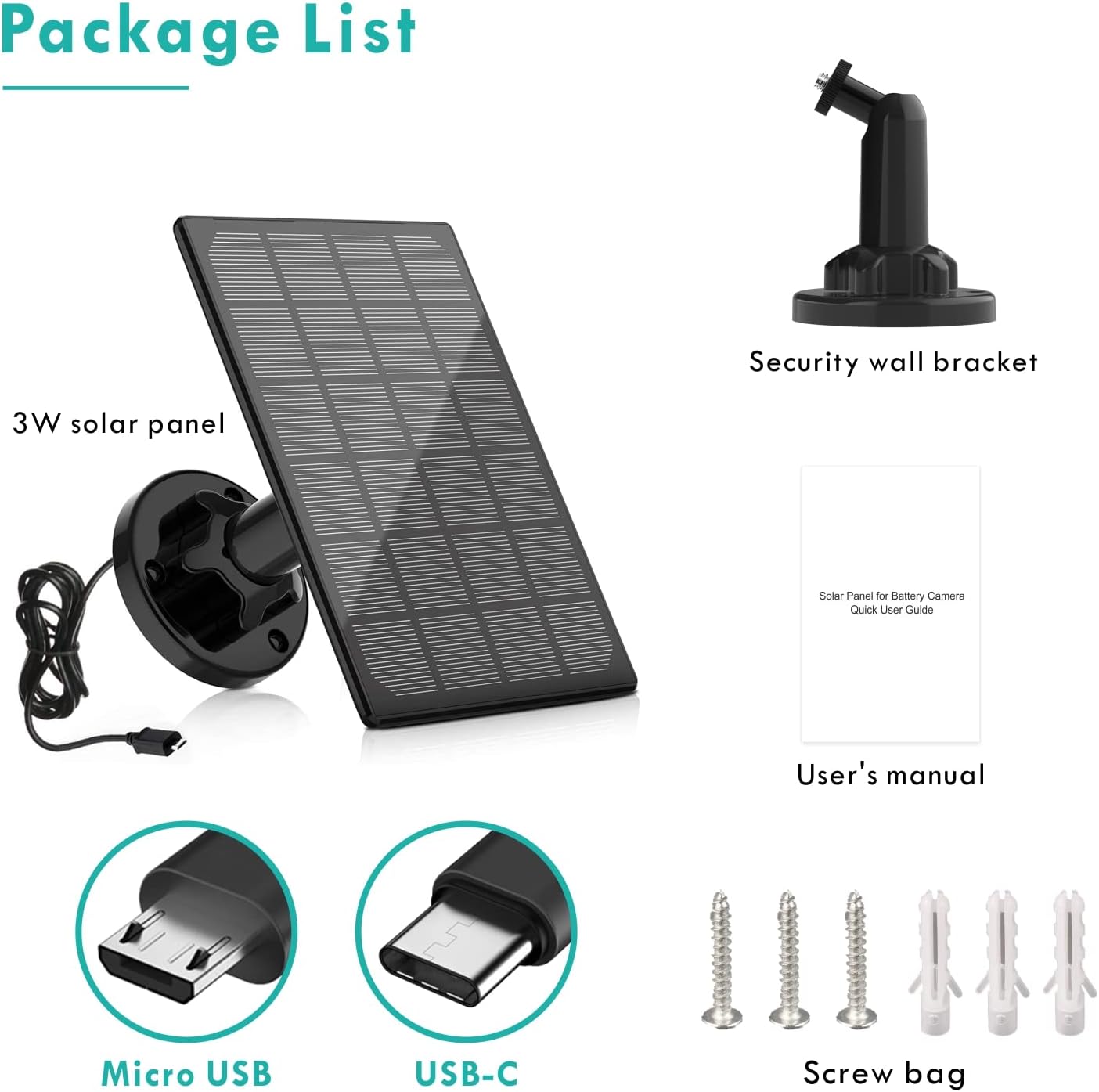 Solar Panel for Wireless Outdoor Security Camera Compatible with DC 5V Rechargeable Battary Powered Surveillance Cam, Continuous Solar Power for Camera(No Camera)