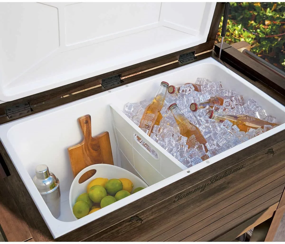 Tommy Bahama 100 Quart Rolling Wood Cooler