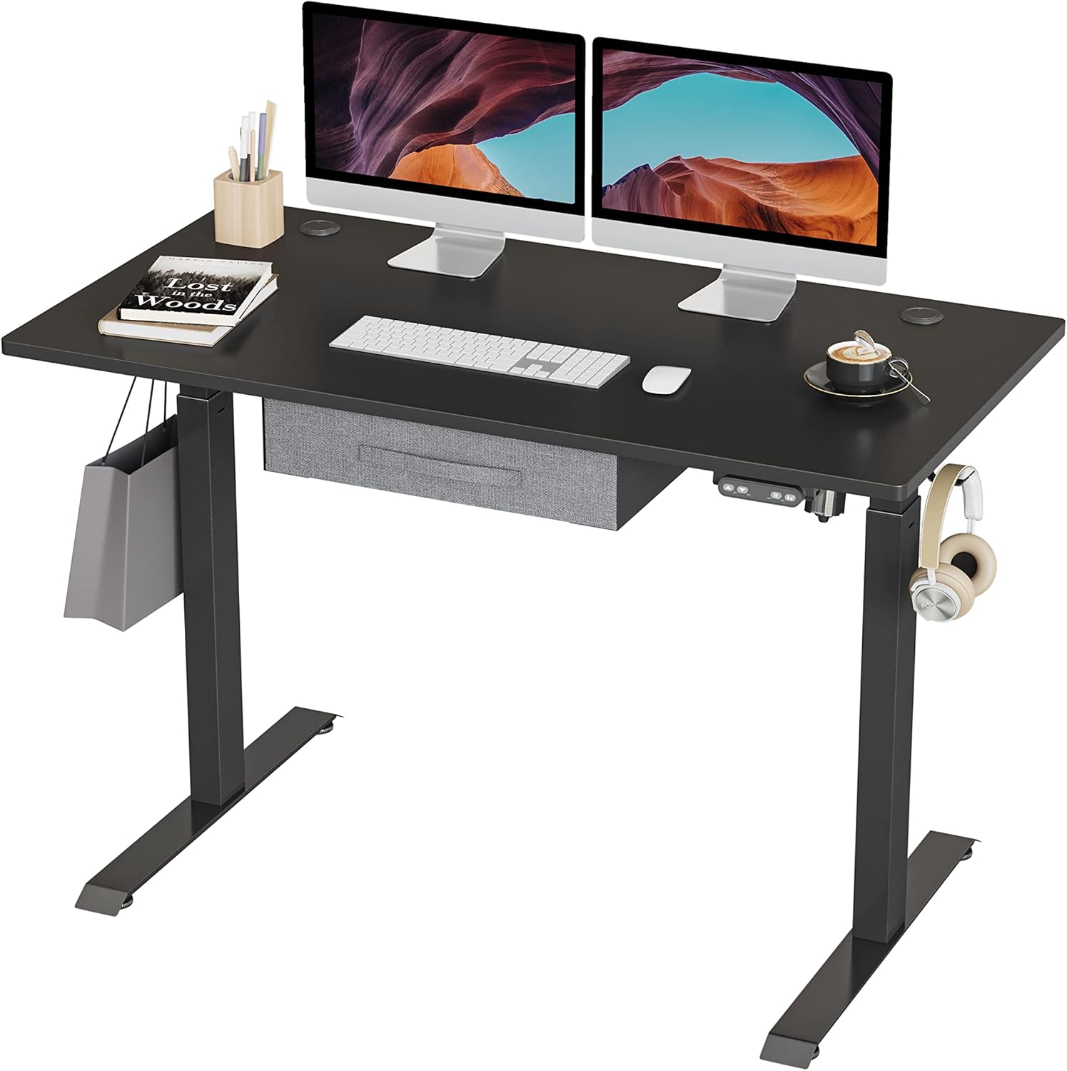BANTI Adjustable Height Standing Desk with Drawers, 55x24 Inches Electric Stand Up Desk, Sit Stand Home Office Desk with White Frame/White Top