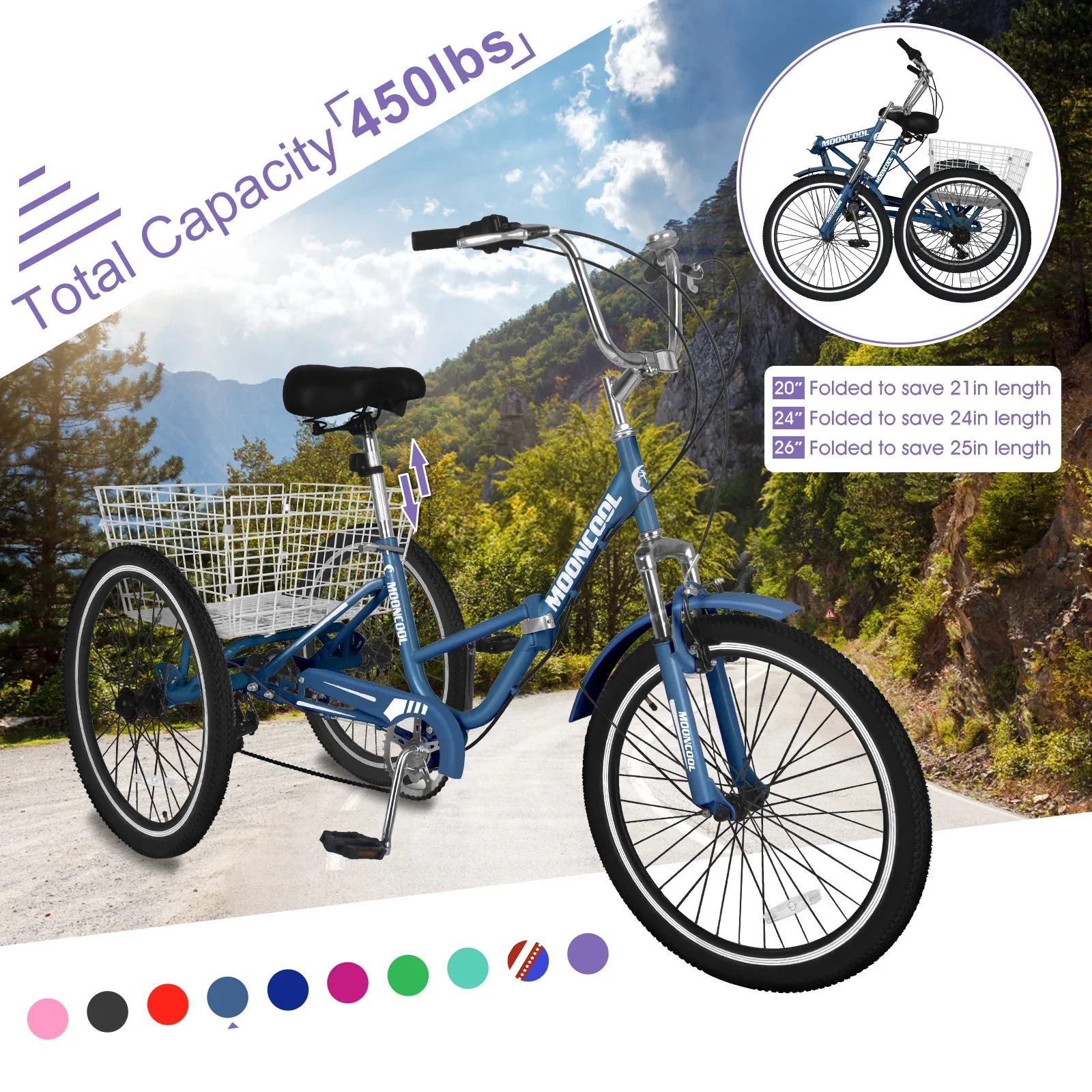 LILYPELLE 20" 3 Wheel Bike for Adults Folding Tricycle 7 Speed Adult Trike Low-Step Through for Seniors with 350lbs Load Capacity,Malachite Green