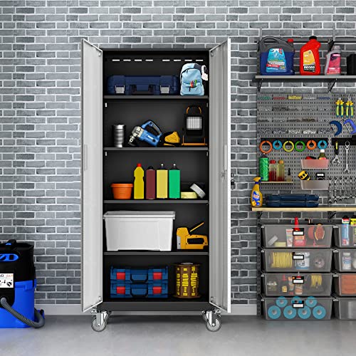 Tall Metal Garage Storage Cabinet, 72" Tool Storage Cabinet Utility Locker with Wheels, Adjustable Shelves & Locking Doors- Pantry Cabinets for Kitchen, Classroom, Bathroom, Basement Organization