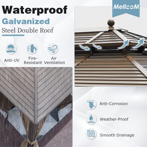 MELLCOM 12'x16' Hardtop Gazebo, Galvanized Steel Metal Double Roof Canopy with Curtains and Netting, Brown Permanent Pavilion Gazebos with Aluminum Frame for Garden, Patio, Lawns, Deck