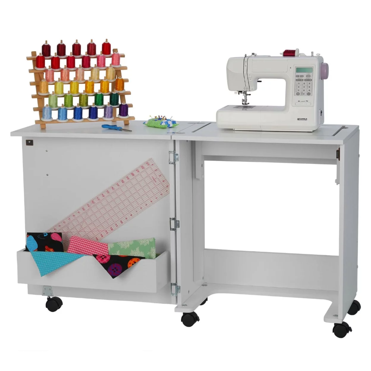 101 Judy Sewing and Craft Table with Storage and Adjustable 3-Position Lift, White