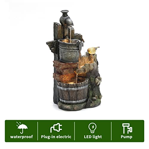 LuxenHome 22.4" Farmhouse Pump and Pots Resin Outdoor Fountain with LED Lights Outdoor and Indoor Water Fountain for Gardens, Landscaping, Patios, Balconies, and Lawns