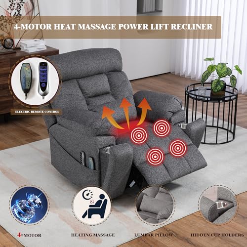 Light Grey Recliner Chair for Elderly | Tall and Big Man 400lbs | Chenille | Power Lift, Lay Flat, Stand Up, Wireless Charging Device, Extended Footrest, Massage Heat, Cup Holder, Lumbar Pillow