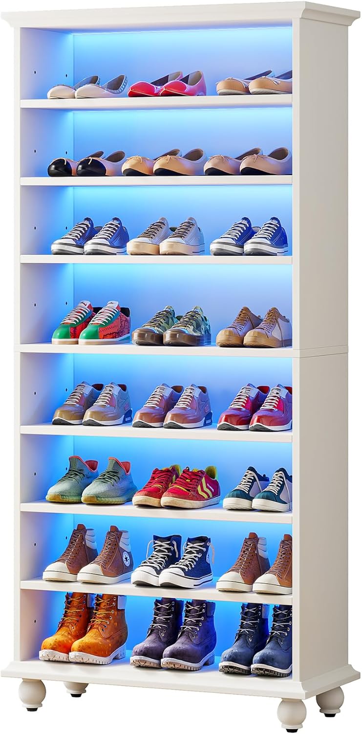 69" Tall Shoe Storage Cabinet with LED Lighting, 9-Tier 30 Pairs Freestanding Shoes Display Cabinet with Solid Wood Legs for Entryway, White