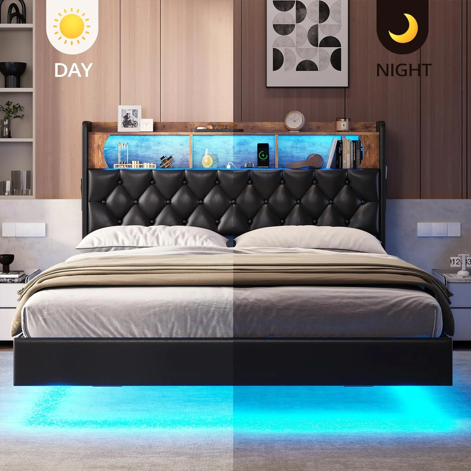 Full Size Floating Bed Frame with LED Light&Charging Station, Upholstered Platform Bed with Storage Headboard, Noise-Free, Black - Curated Treasures Market