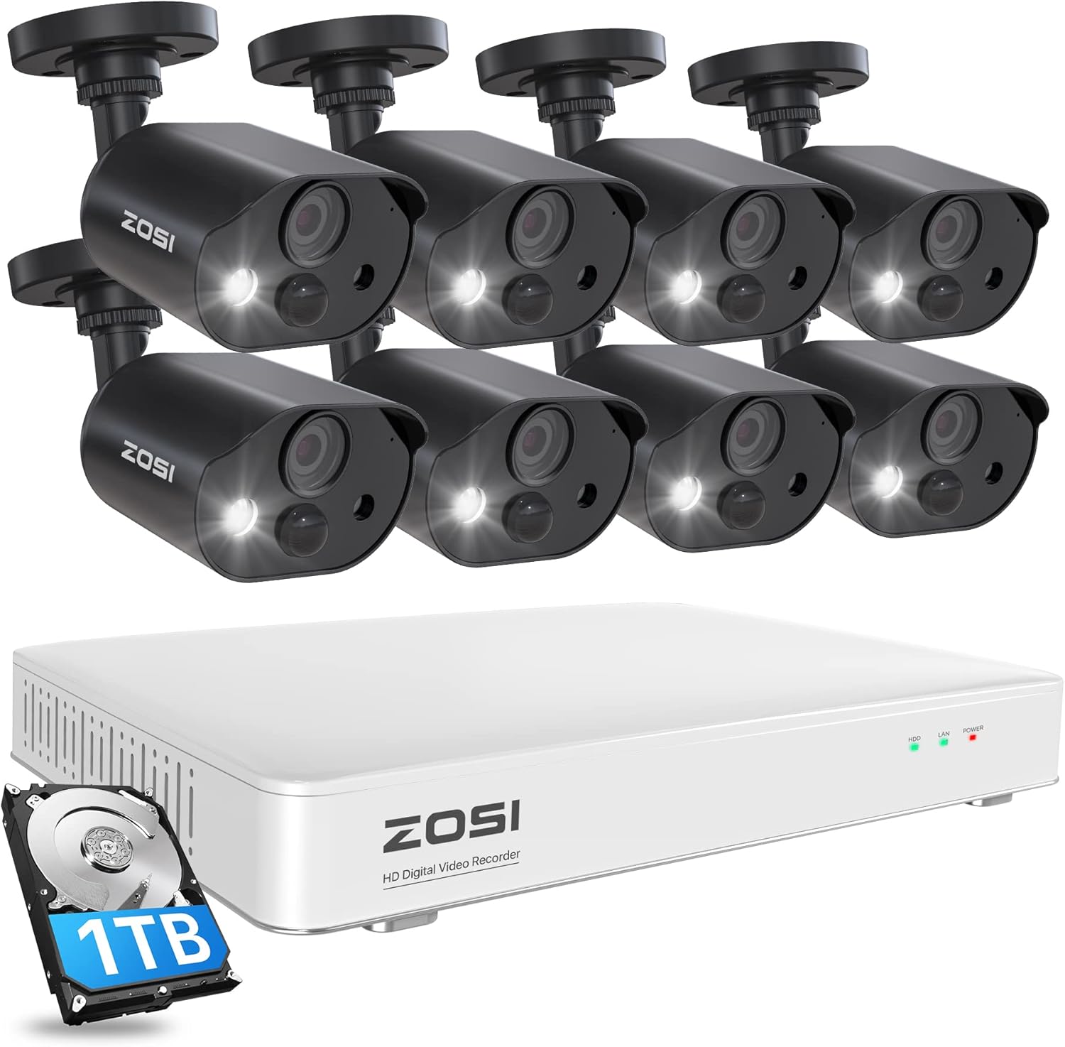ZOSI H.265+ Full 1080p Home Security Camera System Outdoor Indoor, 5MP-Lite CCTV DVR 8 Channel and 4 x 1080p (2MP) Day Night Vision Weatherproof Surveillance Bullet Camera, Motion Alerts (No HDD)