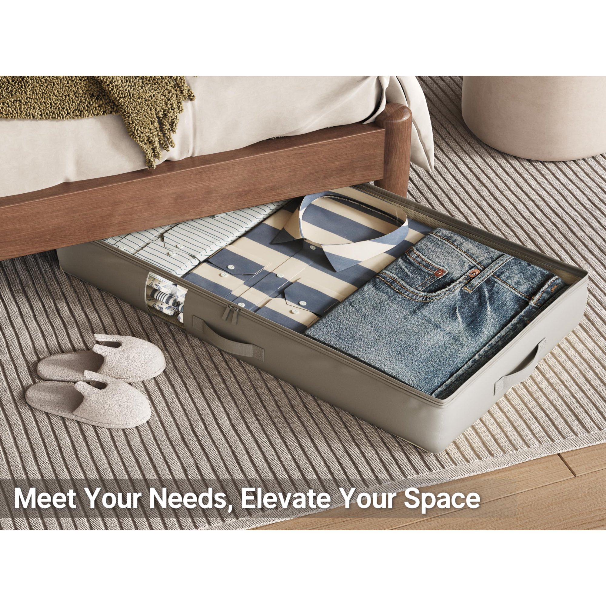 Underbed Storage Containers with View Window, Space Saving Organizer Bags for Blankets Comforters Sheets, Heavy Duty Cotton Linen Fabric, 4 Pack Grey