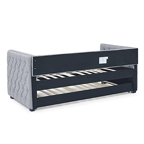 Daybed with Trundle, Fabric Upholstered Twin Size Day Bed Button-Tufted Sofa Daybed Frame Twin Roll-Out Trundle, No Box Spring Needed, Furniture for Bedroom, Living Room, Guest Room