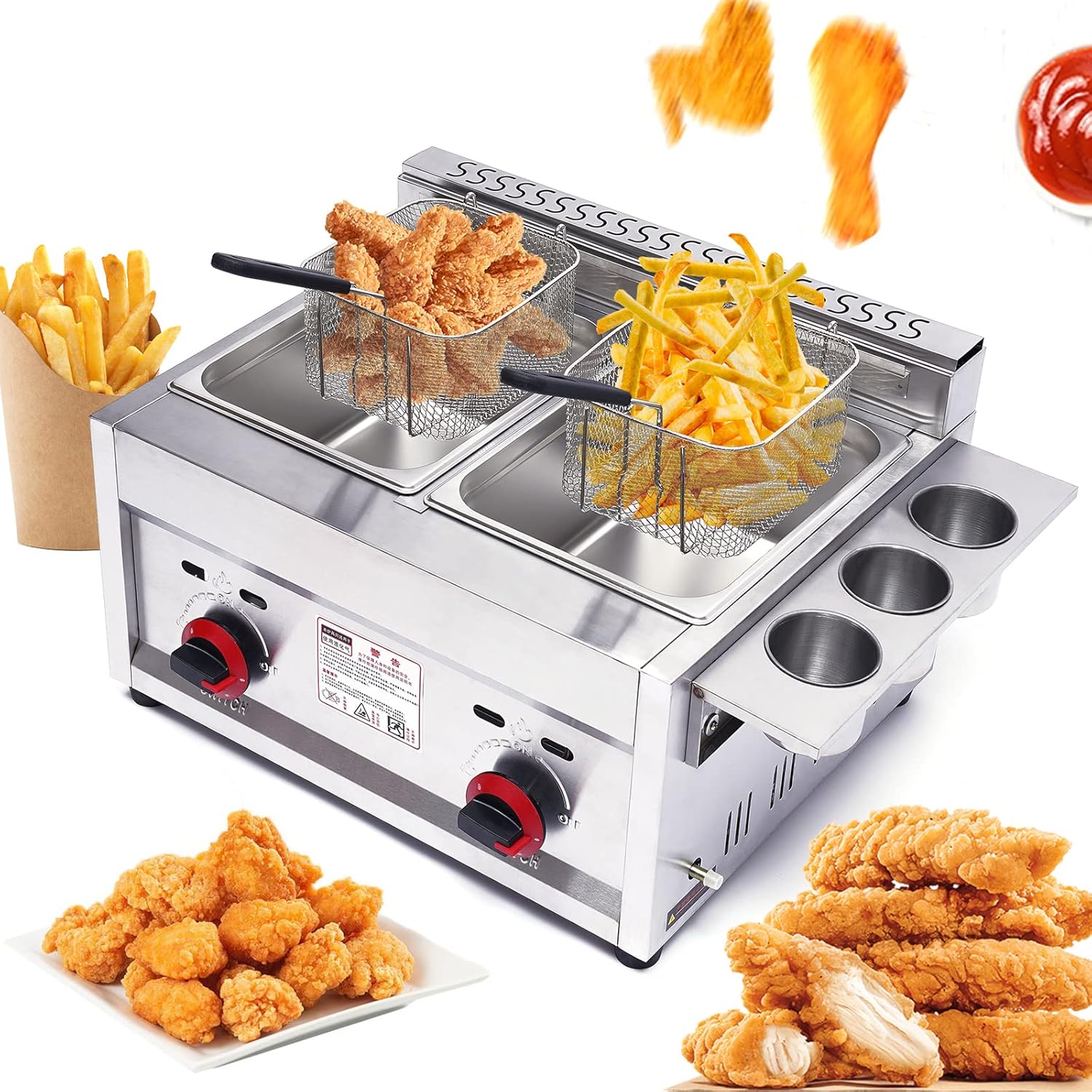 LYNICESHOP Stainless Steel Countertop Gas Fryer, Commercial LPG Gas Deep Fryer with 2 Basket Propane LPG Oil Frying Pot Kitchen Frying Machine Snack Fryer For French Fries Restaurant Home Kitchen