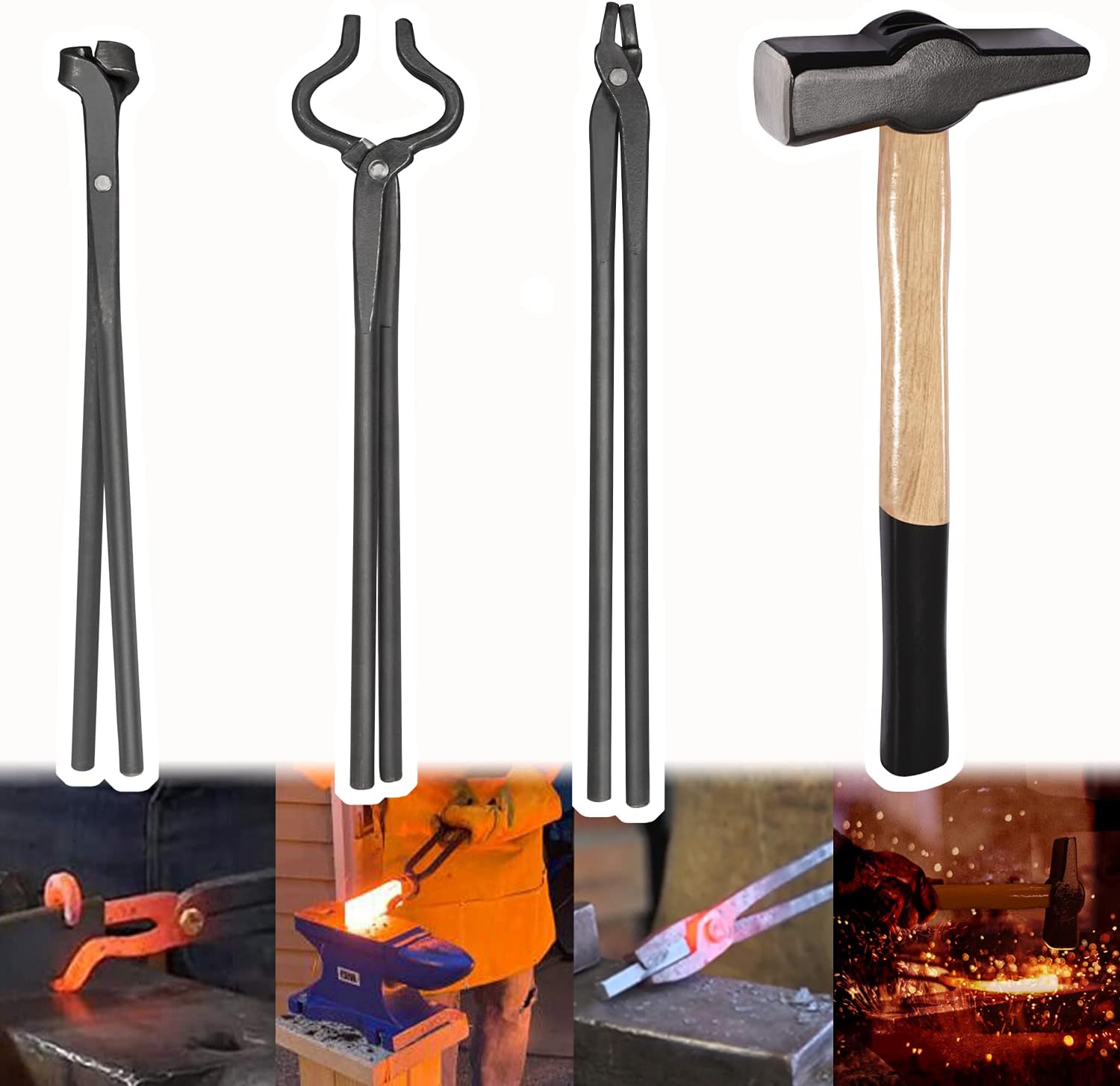 Knife Making Tongs Set and Blacksmiths&rsquo; Hammer Assembled Bladesmith Blacksmith Forge Tongs Tools Set Vise Tools with Blacksmiths&rsquo; Hammer &ndash; 4Pcs